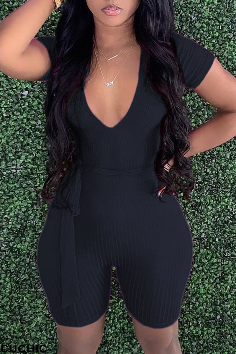 Black Fashion Casual Solid Bandage V Neck Skinny Romper-CuChic