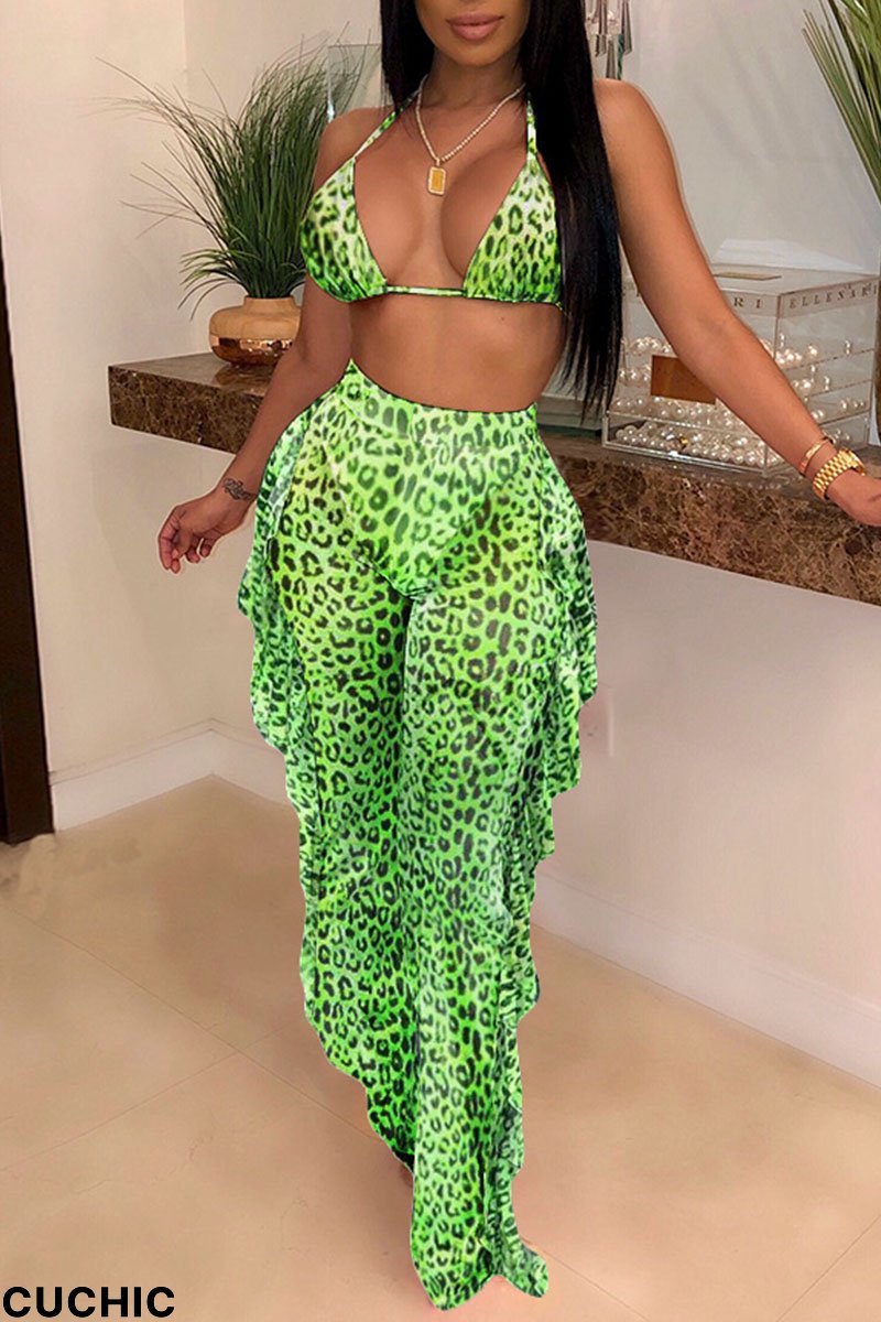 Green Sexy Print Split Joint Flounce Halter Sleeveless Two Pieces-CuChic
