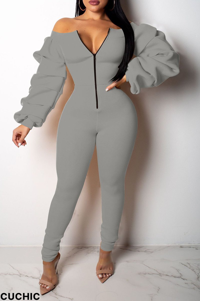 Grey Sexy Solid Patchwork Zipper Collar Skinny Jumpsuits-CuChic