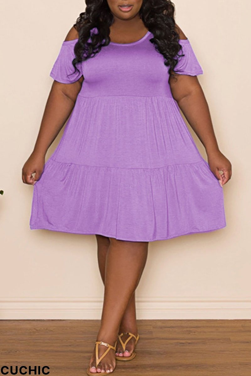Purple Casual Solid Patchwork Fold O Neck A Line Plus Size Dresses-CuChic