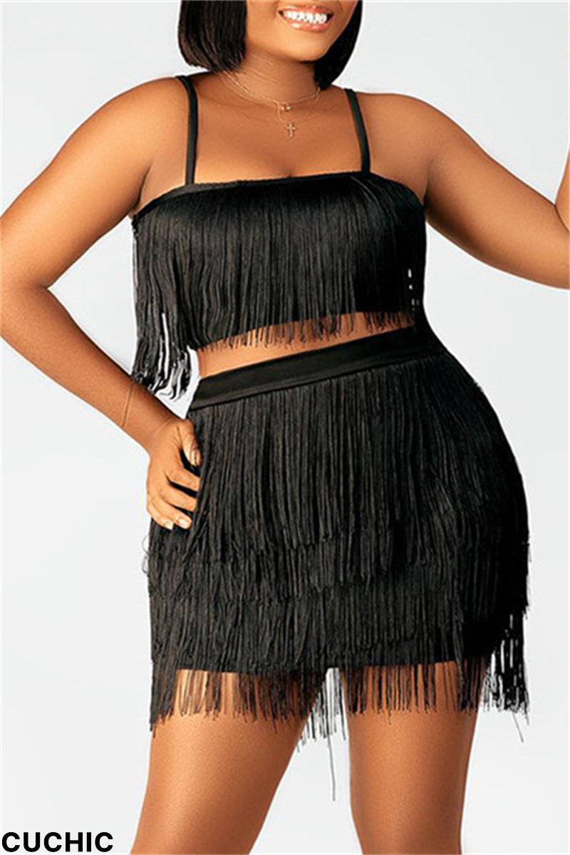 Black Fashion Sexy Solid Tassel Patchwork Backless Spaghetti Strap Sleeveless Two Pieces-CuChic