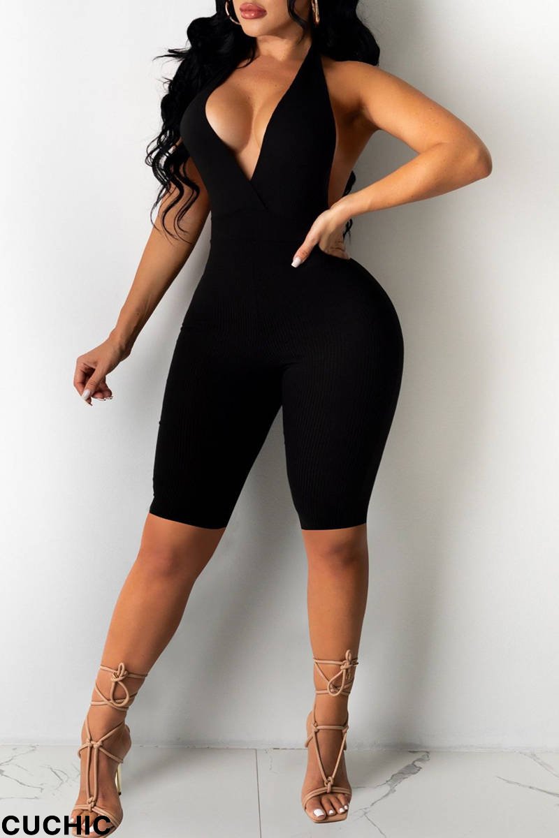 Black Sexy Casual Solid Backless Halter Skinny Romper-CuChic