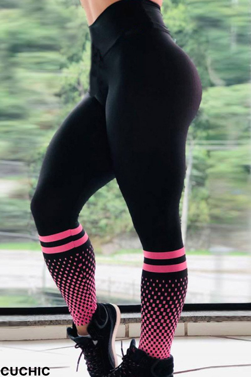 Black Pink Fashion Casual Sportswear Print Skinny High Waist Pencil Full Print Bottoms-CuChic