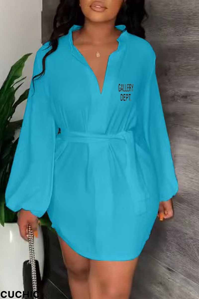 Blue Casual Print Letter With Belt V Neck One Step Skirt Dresses-CuChic