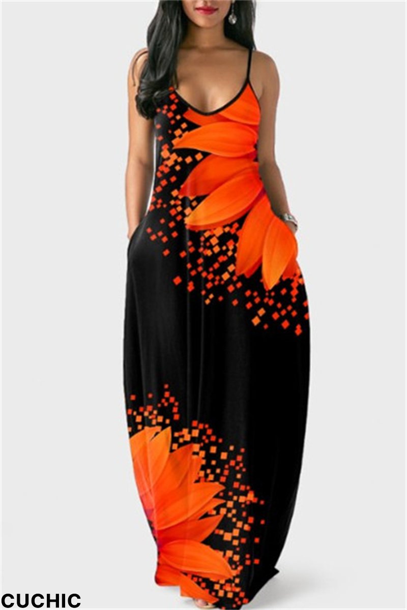 Orange Fashion Sexy Print Backless Spaghetti Strap Long Dress-CuChic