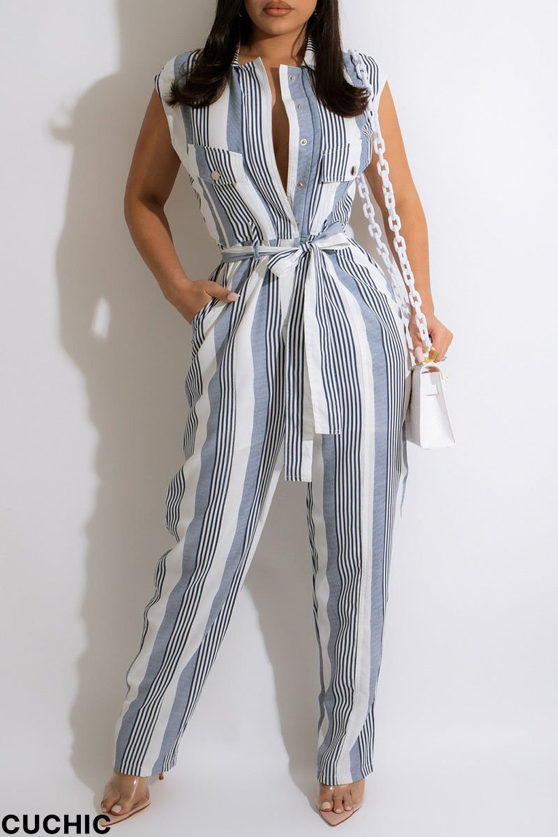 Blue Casual Striped Print Split Joint Buckle With Belt Straight Jumpsuits-CuChic
