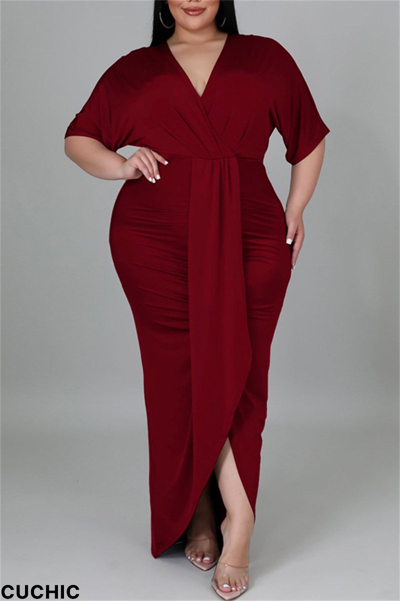 Burgundy Fashion Casual Solid Patchwork V Neck Short Sleeve Dress Plus Size Dresses-CuChic