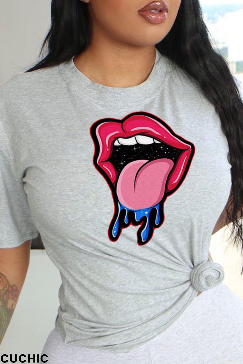 Grey Fashion Casual Lips Printed Patchwork O Neck T-Shirts-CuChic