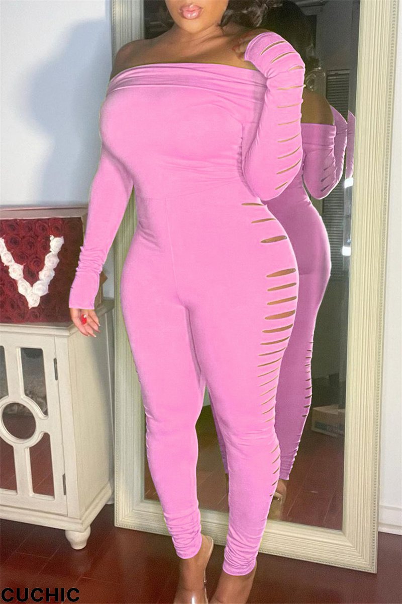 Pink Fashion Casual Solid Ripped Off the Shoulder Skinny Jumpsuits-CuChic