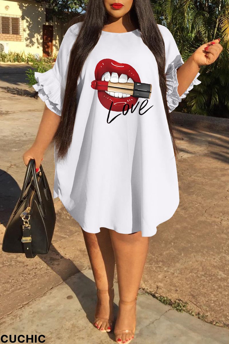 White Casual Print Patchwork Stringy Selvedge O Neck Straight Plus Size Dresses-CuChic
