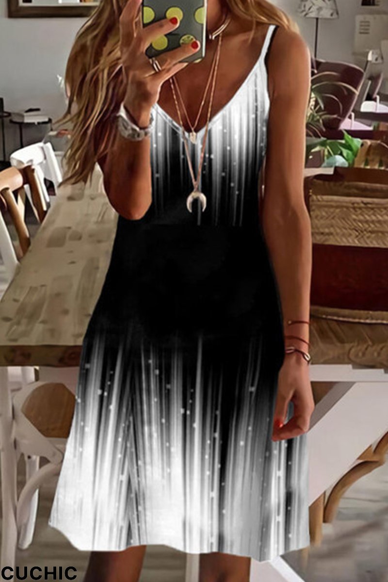 Black White Sexy Casual Print Backless V Neck Sling Dress-CuChic