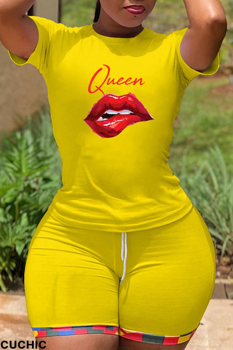 Yellow Casual Print Split Joint O Neck Short Sleeve Two Pieces-CuChic