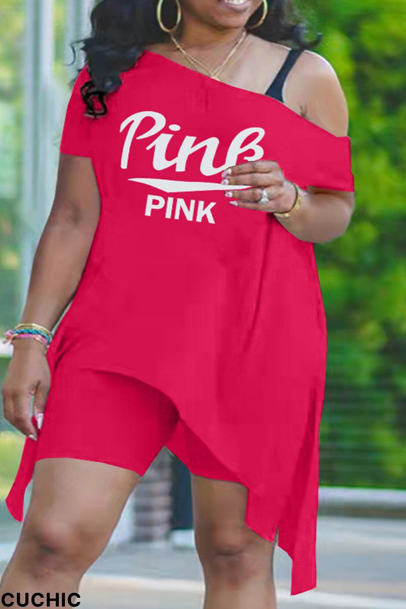 Rose Red Fashion Casual Letter Print Patchwork Asymmetrical Oblique Collar Plus Size Two Pieces-CuChic