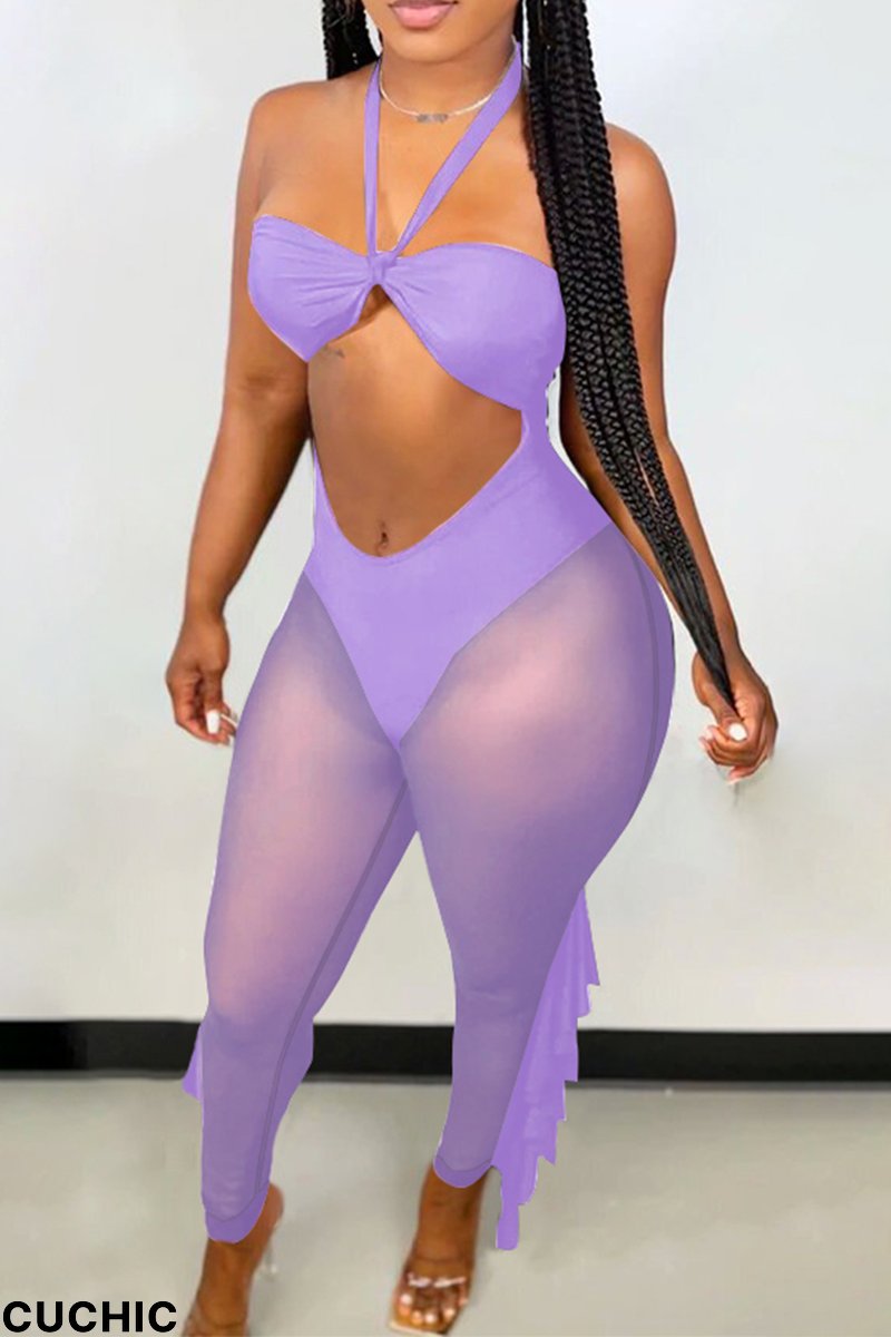 Purple Sexy Solid Flounce Mesh Halter Skinny Jumpsuits-CuChic
