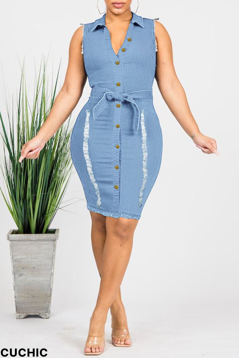Light Blue Fashion Casual Solid Ripped Turndown Collar Sleeveless Regular Denim Dresses-CuChic