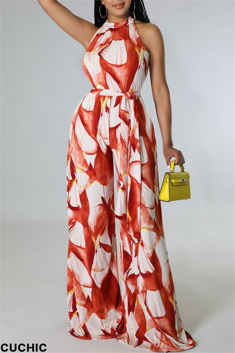 Red Fashion Casual Print With Belt O Neck Regular Jumpsuits-CuChic