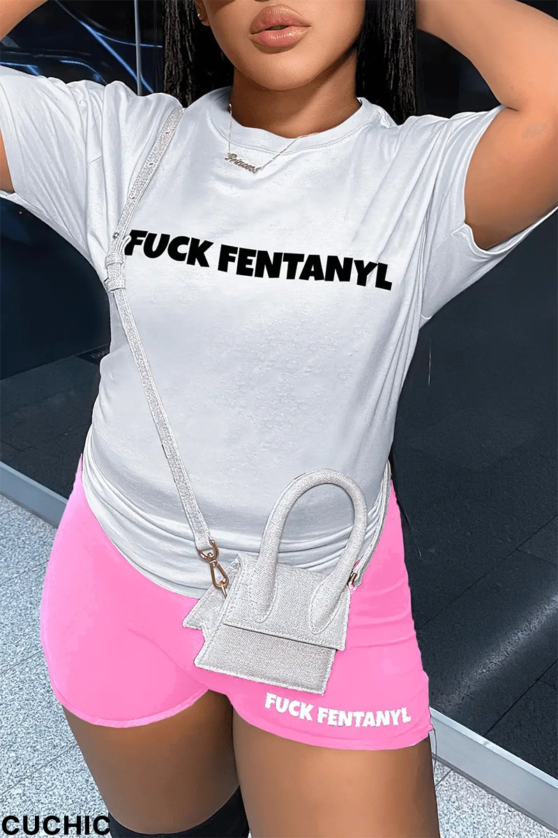 White Pink Casual Print Patchwork Letter O Neck Short Sleeve Two Pieces-CuChic