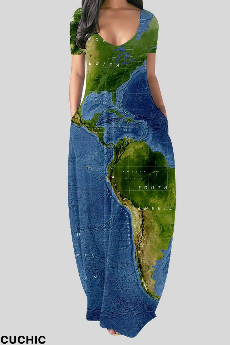 Turquoise Casual Print Patchwork V Neck Straight Dresses-CuChic