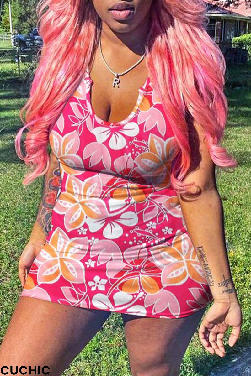 Pink Sexy Print Split Joint U Neck Pencil Skirt Dresses-CuChic