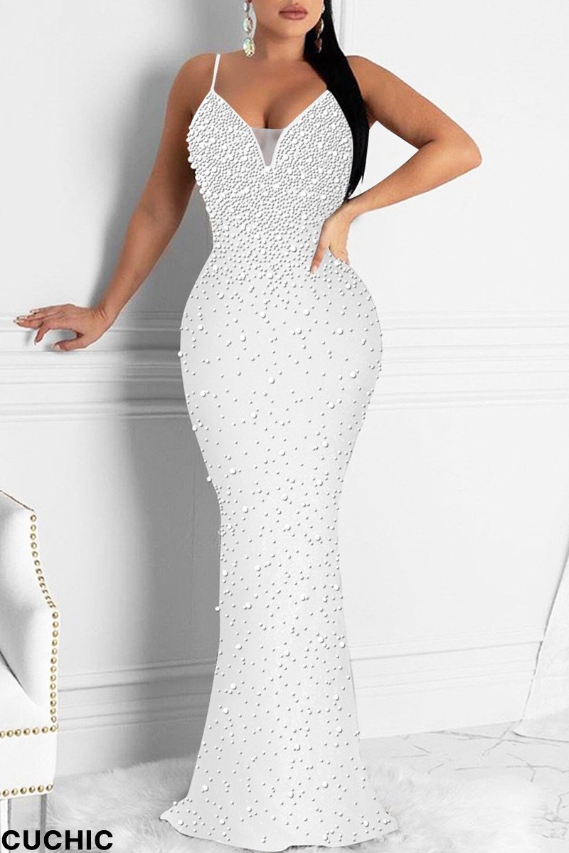 White Fashion Sexy Patchwork Hot Drilling Backless Spaghetti Strap Evening Dress-CuChic