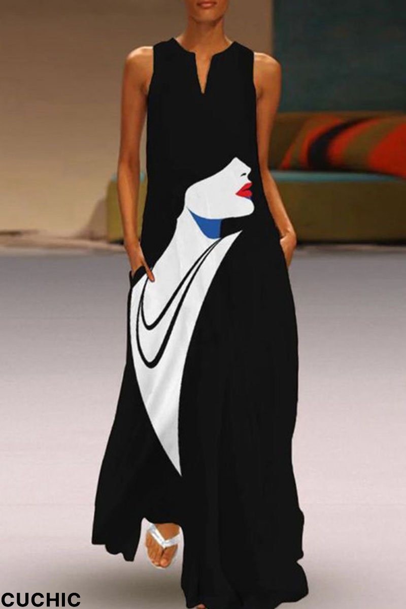 Black Casual Print Patchwork V Neck Straight Dresses-CuChic