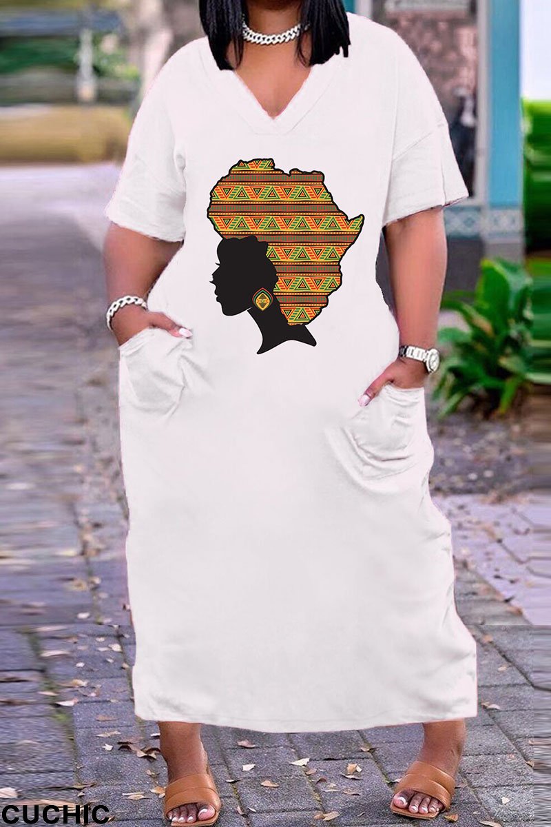 White Brown Fashion Casual Plus Size Print Basic V Neck Short Sleeve Dress-CuChic