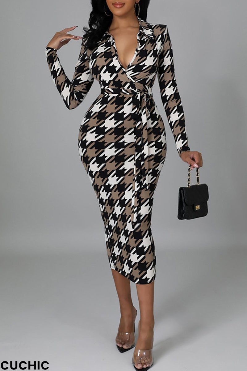 Brown Sexy Plaid Print Bandage Patchwork V Neck One Step Skirt Dresses-CuChic