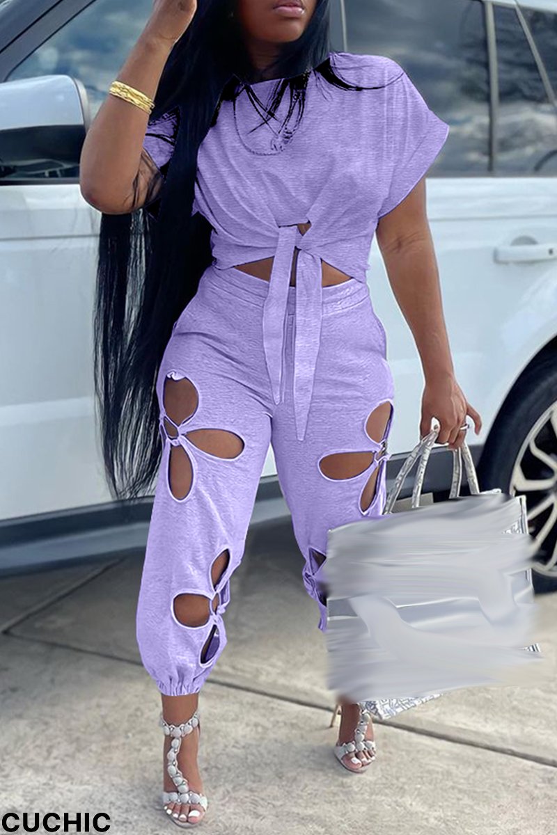 Purple Casual Solid Ripped O Neck Short Sleeve Two Pieces-CuChic