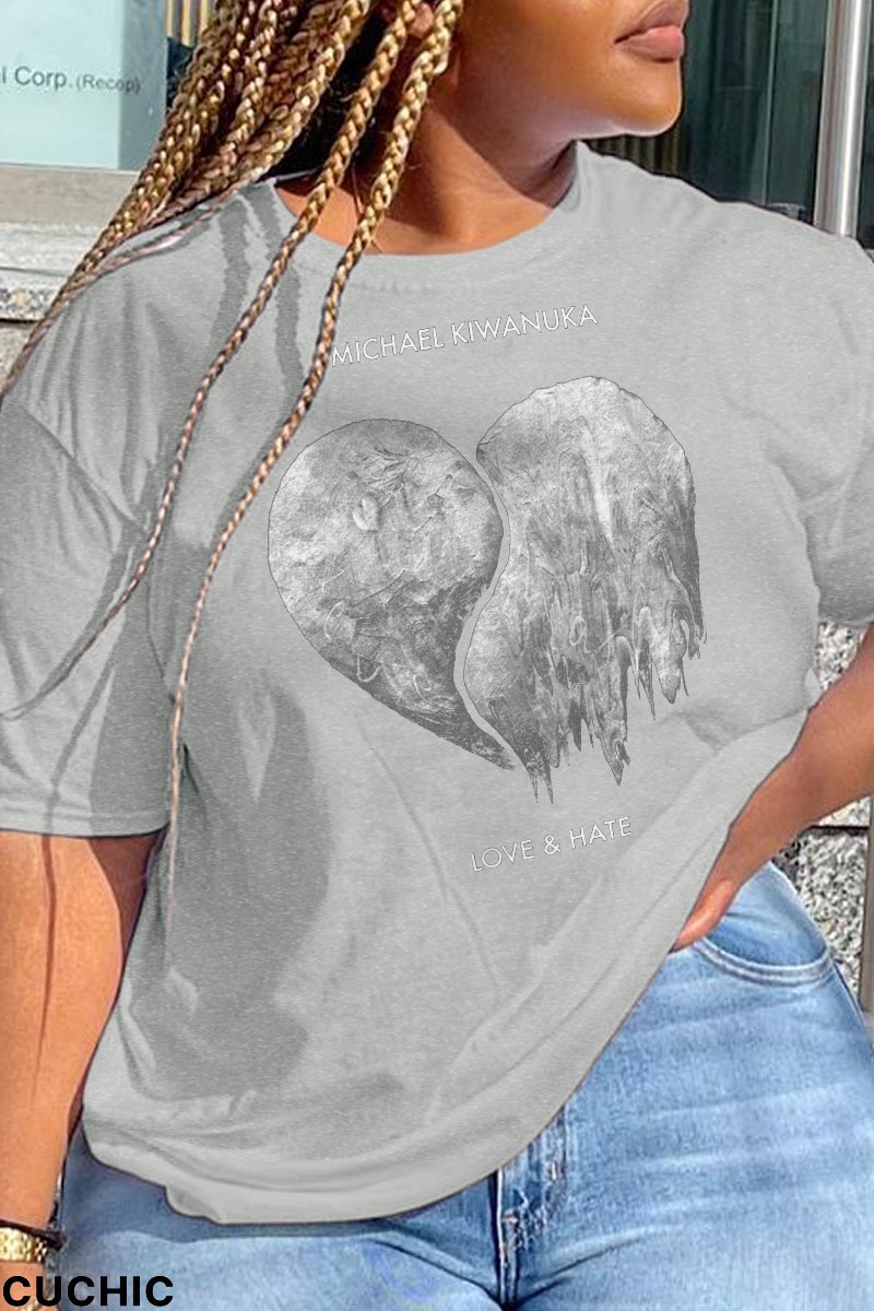 Grey Casual Daily Print Patchwork O Neck T-Shirts-CuChic