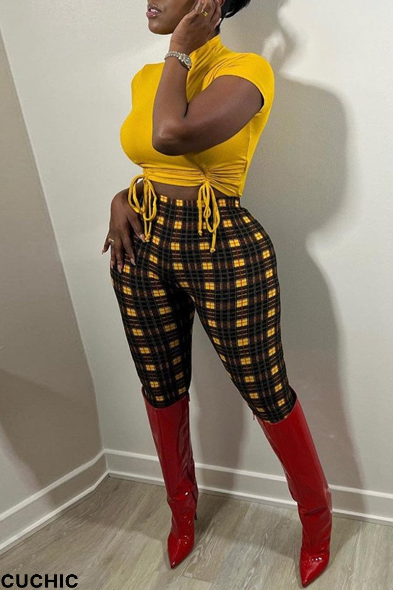 Yellow Fashion Casual Print Draw String Frenulum Turtleneck Short Sleeve Two Pieces-CuChic
