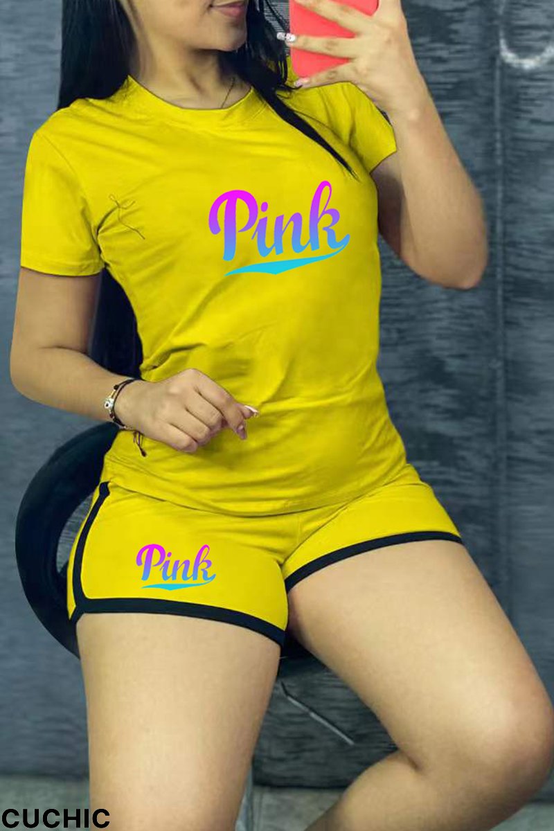 Yellow Casual Print Patchwork O Neck Short Sleeve Two Pieces-CuChic