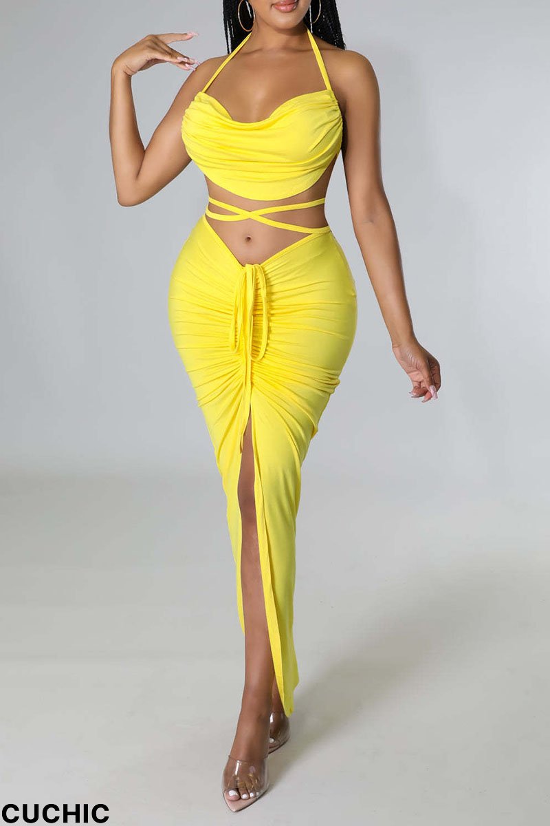 Yellow Sexy Solid Bandage Patchwork Backless Fold Halter Sleeveless Two Pieces-CuChic