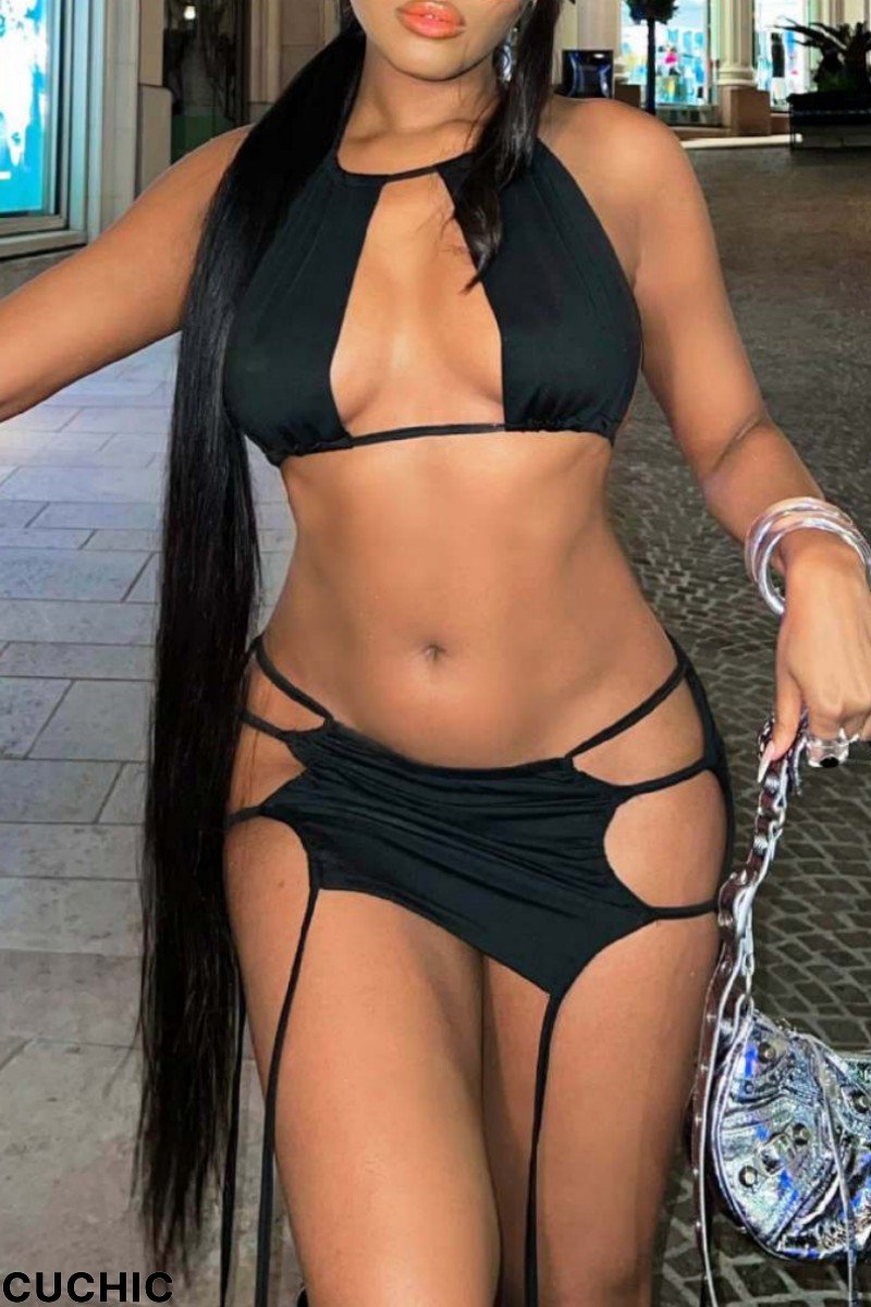 Black Sexy Solid Bandage Backless Asymmetrical O Neck Sleeveless Two Pieces-CuChic