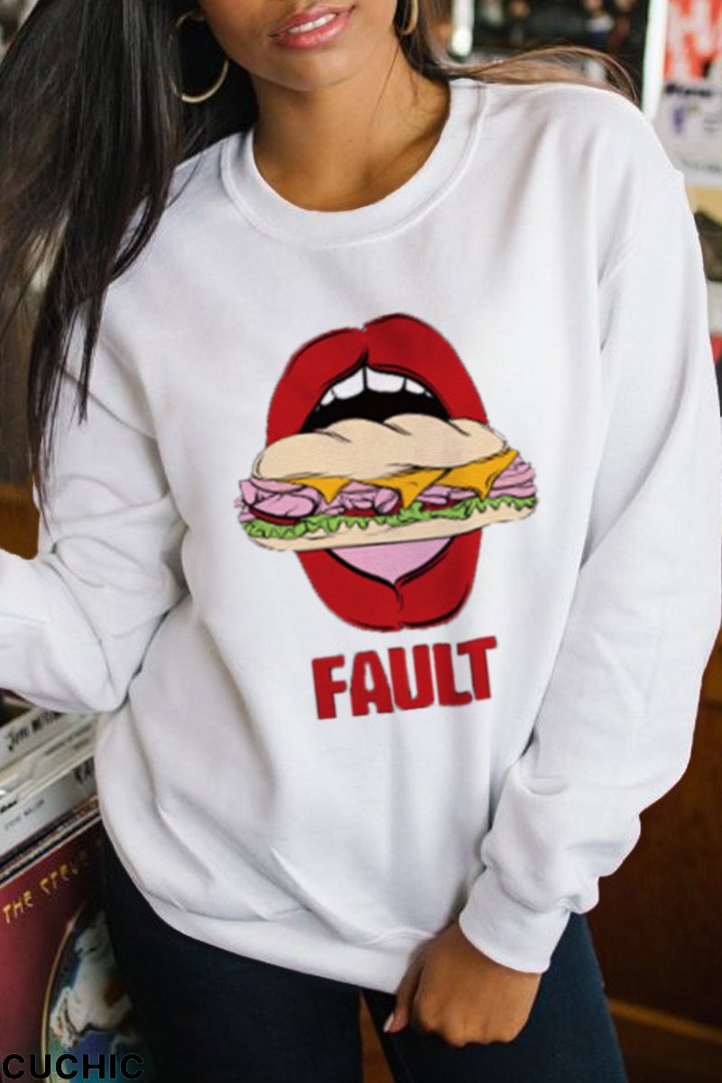 White Fashion Cute Lips Printed Split Joint Letter O Neck Tops-CuChic