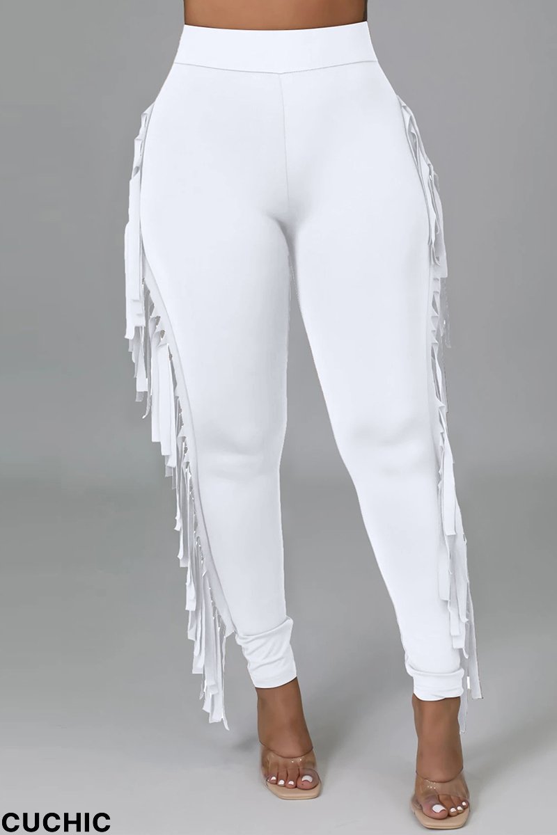 White Fashion Casual Solid Tassel Regular High Waist Pencil Trousers-CuChic