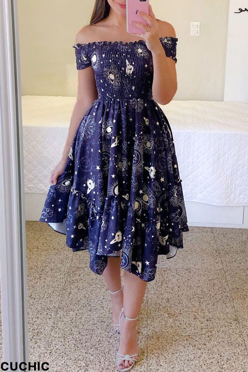 Blue Casual Sweet Print Split Joint Fold Asymmetrical Off the Shoulder Irregular Dress Dresses-CuChic