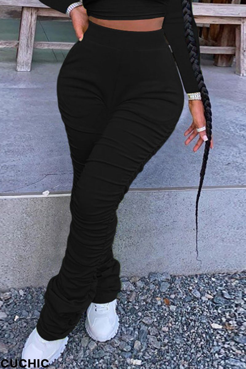 Black Fashion Casual Solid Fold Regular High Waist Trousers-CuChic