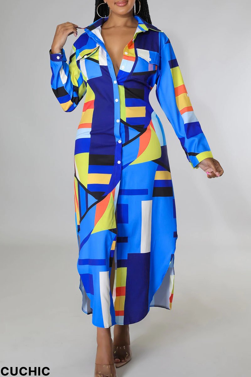 Blue Casual Print Patchwork Buckle Turndown Collar Shirt Dress Dresses-CuChic
