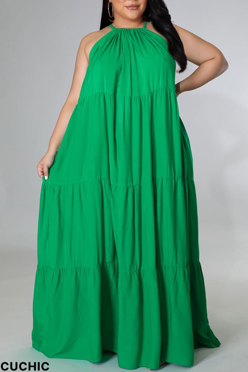 Green Sexy Solid Patchwork Spaghetti Strap Straight Plus Size Dresses-CuChic