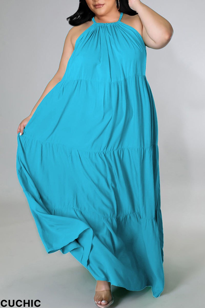 Sky Blue Sexy Solid Patchwork Spaghetti Strap Straight Plus Size Dresses-CuChic