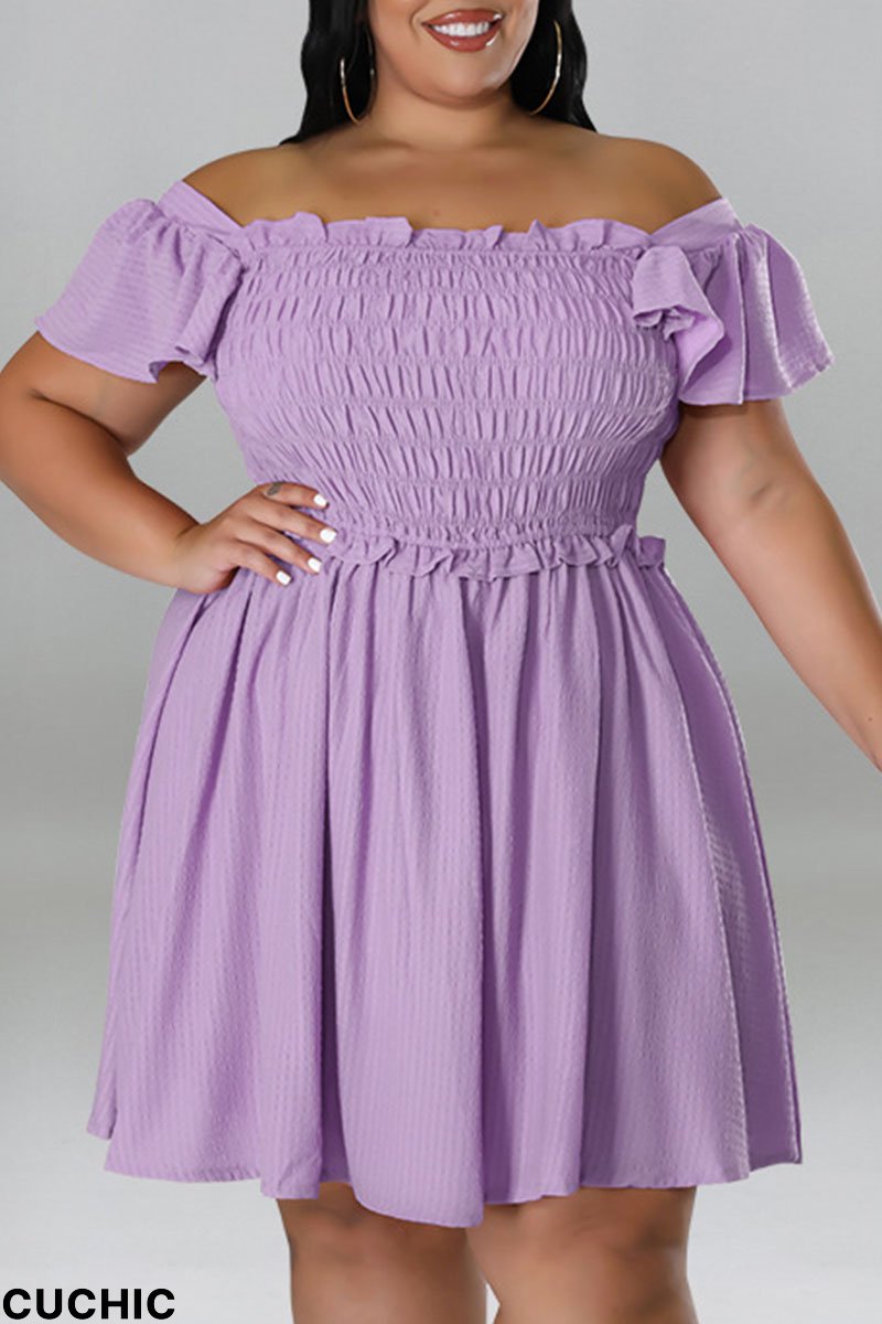 Light Purple Casual Sweet Solid Patchwork Fold Off the Shoulder A Line Plus Size Dresses-CuChic