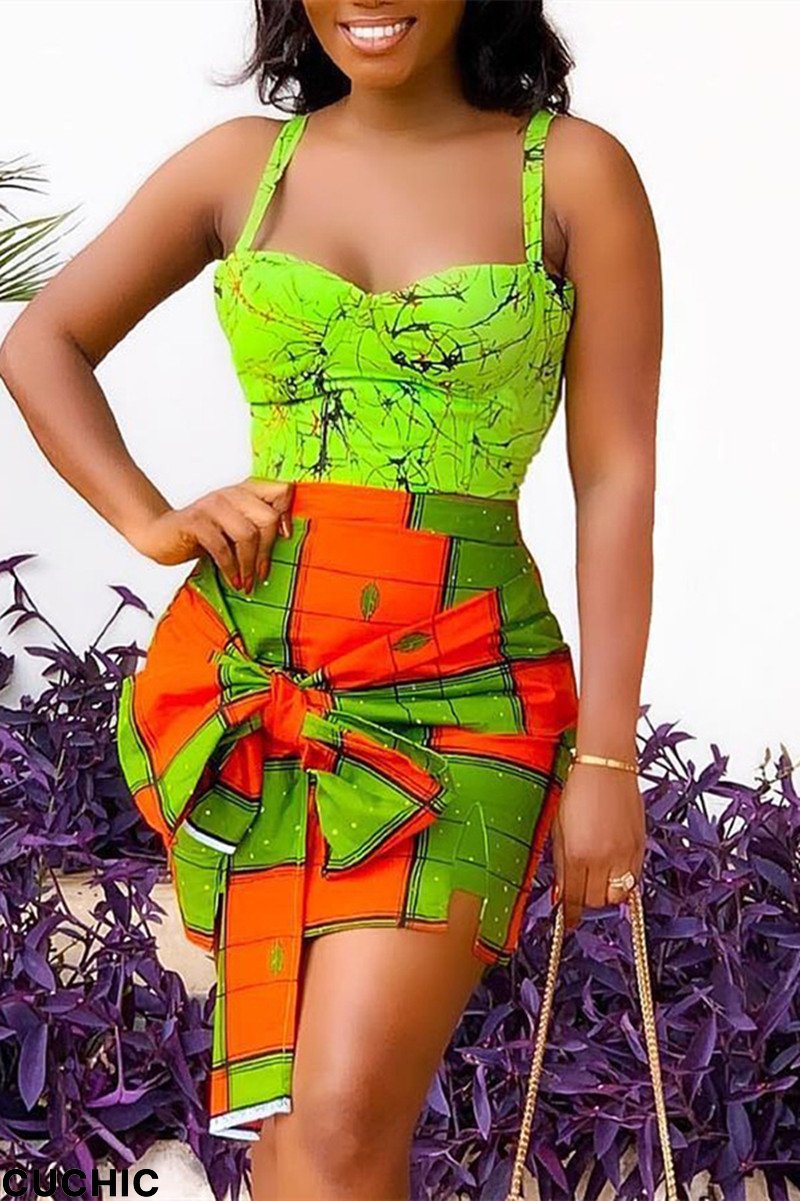 Green Fashion Sexy Print Patchwork Backless Spaghetti Strap Sleeveless Two Pieces-CuChic