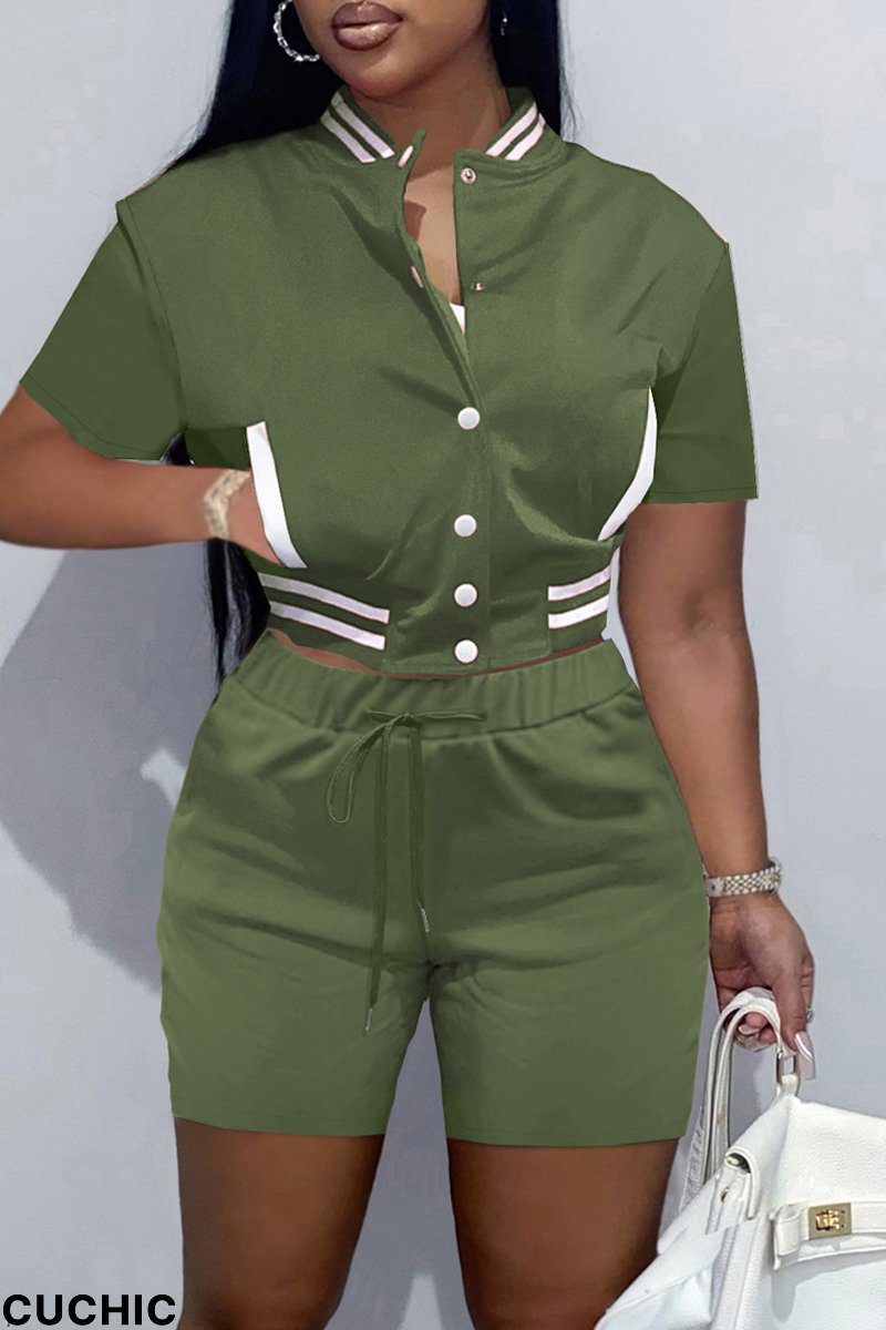 Army Green Fashion Casual Solid Split Joint O Neck Short Sleeve Two Pieces-CuChic
