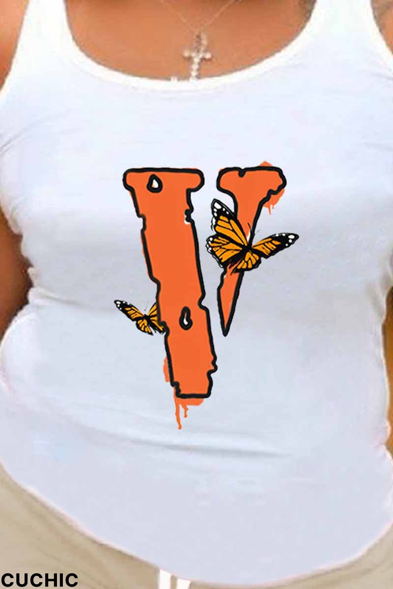 White Casual Print Butterfly U Neck Tops-CuChic