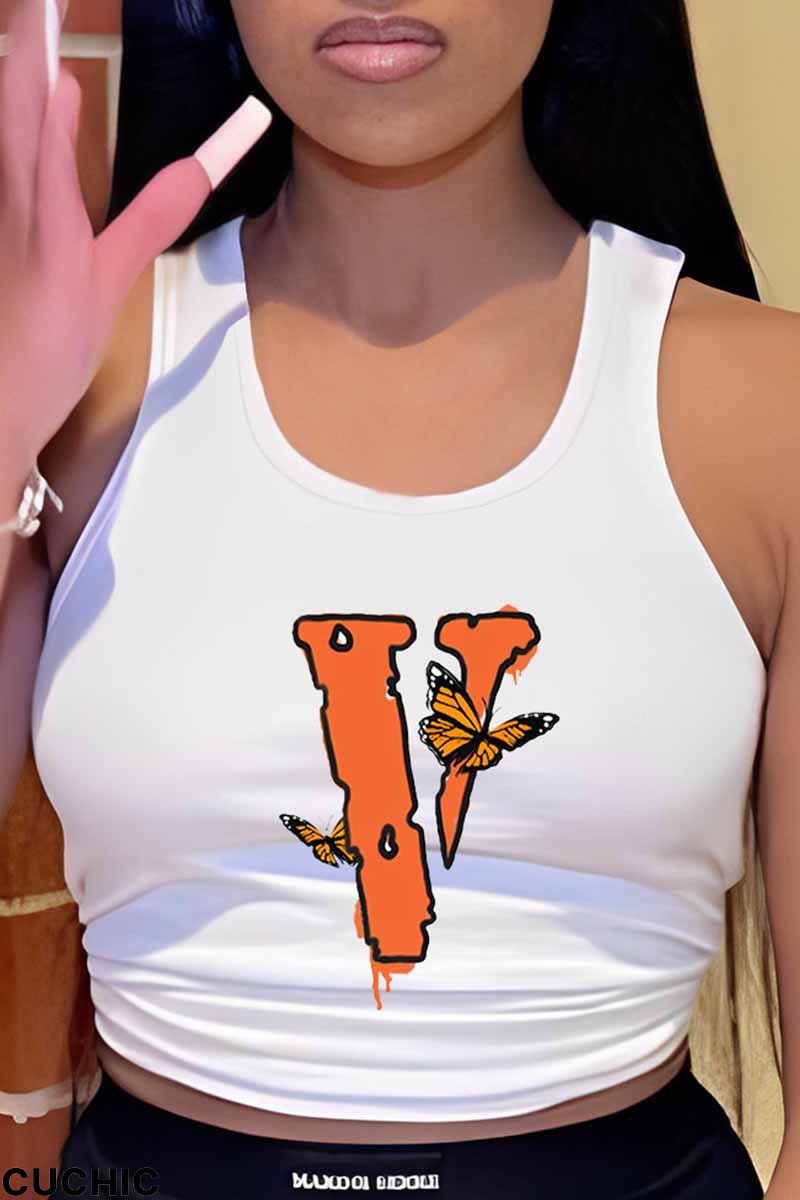 White Casual Print Butterfly U Neck Tops-CuChic