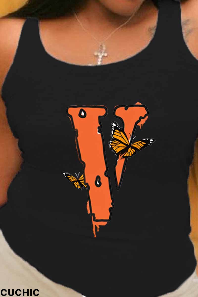 White Casual Print Butterfly U Neck Tops-CuChic