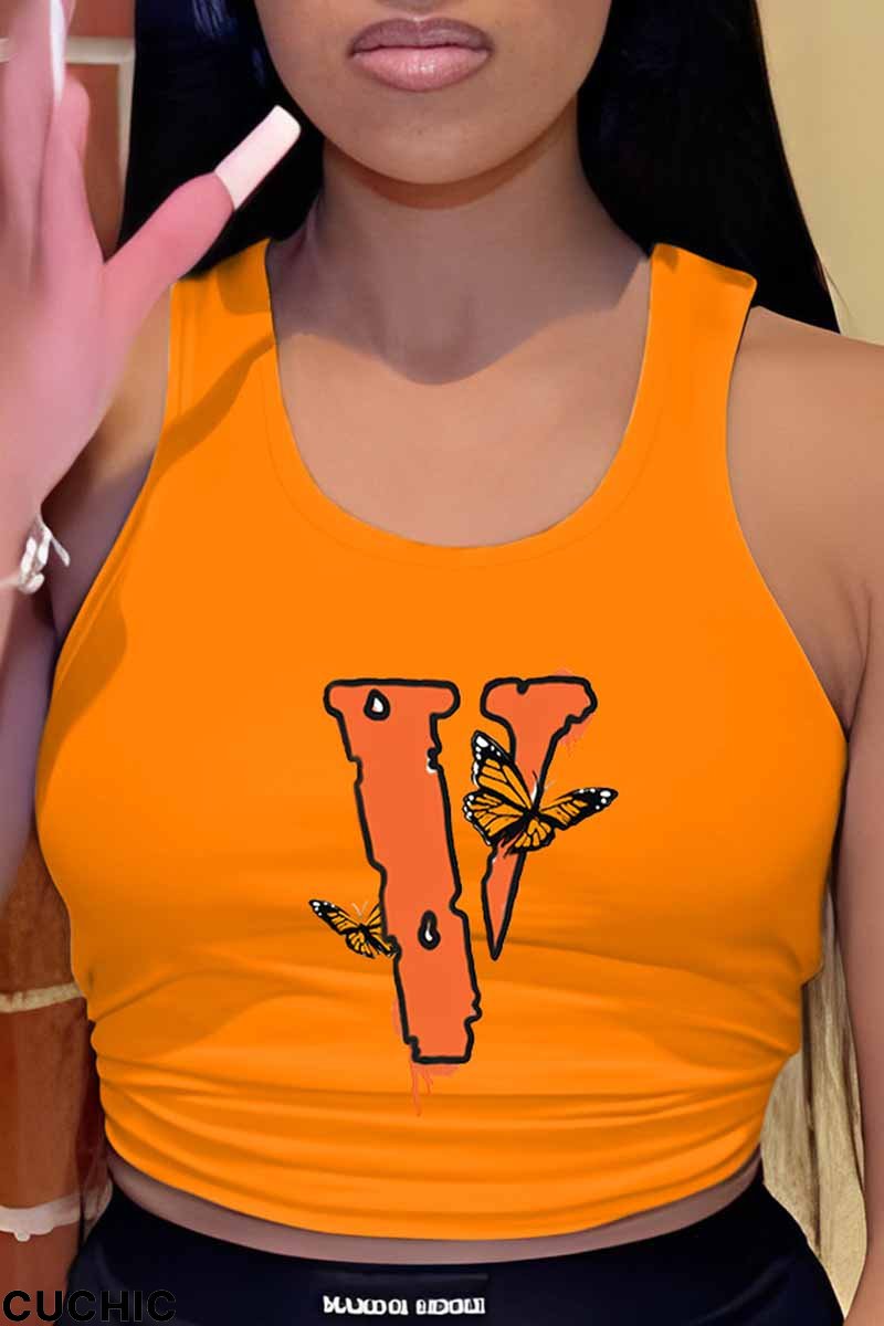 White Casual Print Butterfly U Neck Tops-CuChic