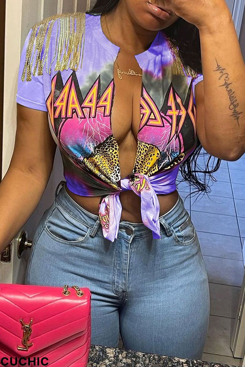 Purple Sexy Print Tassel Bandage Patchwork T-Shirts-CuChic