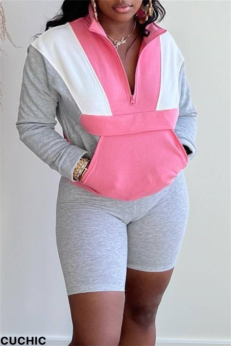 Grey Fashion Casual Solid Split Joint Zipper Collar Long Sleeve Two Pieces-CuChic