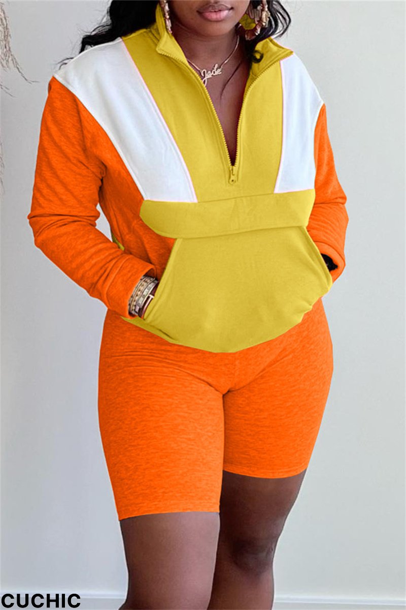 Orange Fashion Casual Solid Split Joint Zipper Collar Long Sleeve Two Pieces-CuChic